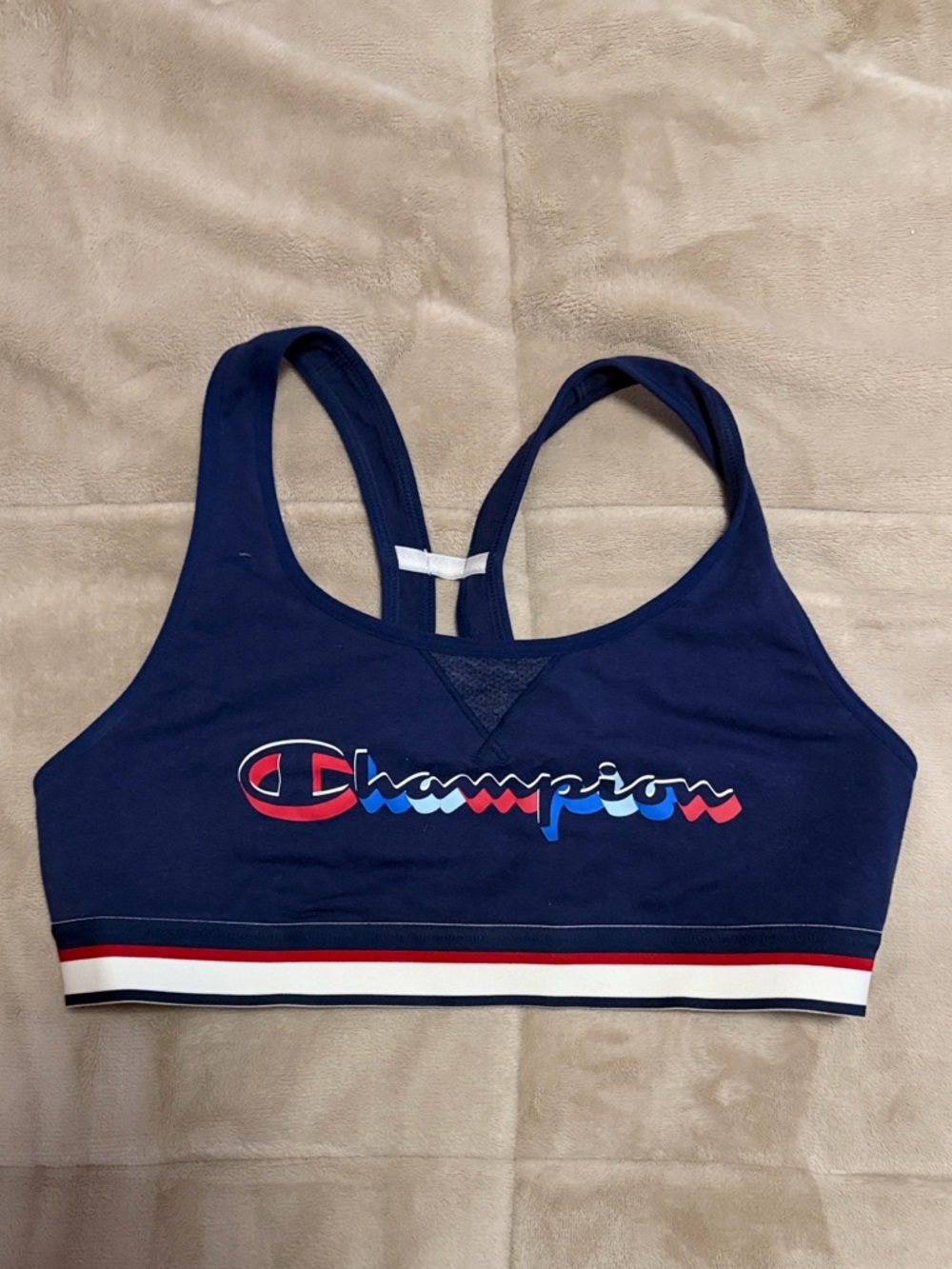 Champion Navy Blue Logo Racerback Sports Bra with Striped Band